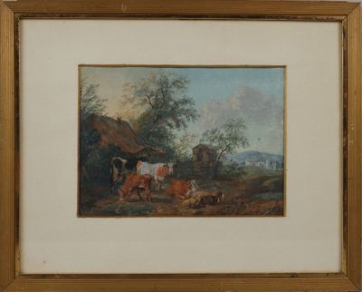 tableau représentant des vaches dans un paysage, avec une maison en arrière-plan