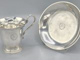silver plated cup and saucer with handle and spoon