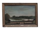 une peinture à l'huile représentant une scène fluviale avec des bateaux et des personnages