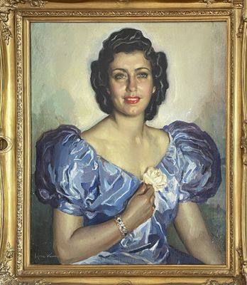 painting of a woman in a blue dress holding a flower