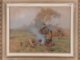 an image of a painting of a man and two children in a field