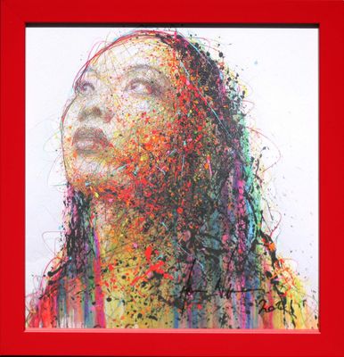 painting of a woman ' s face with multicolored paint splatters on it
