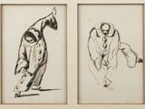 two framed drawings of a man and a woman playing tennis