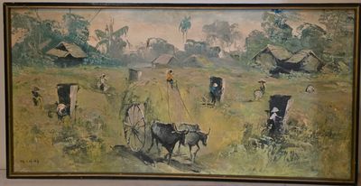 une image d'une peinture de vaches dans un champ
