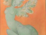 painting of a woman with wings on an orange background in a frame