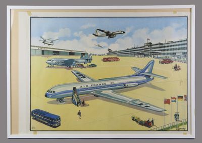 a picture of a painting of an airplane at an airport