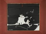 peinture en noir et blanc représentant une vache, dans un cadre en bois