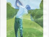 painting of a man swinging a golf club on a sunny day