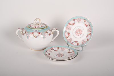 three pieces of porcelain teapot and saucer on a white background