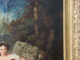 a painting of a woman and a child in a wooded setting