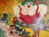 un tableau représentant une femme en robe rouge et des chats