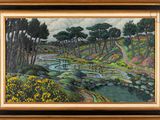 an oil painting of a stream running through a forest filled with yellow flowers