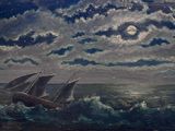 une image représentant un tableau où l'on voit un bateau en mer, la nuit