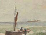 a painting of a boat in the water on the beach
