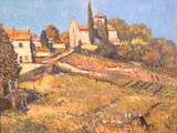 une peinture à l'huile représentant une scène de vie à la ferme avec des vaches qui paissent dans un champ