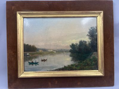 une image d'une peinture représentant une scène de rivière avec un bateau dans l'eau