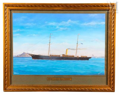 une peinture à l'huile représentant un bateau en mer, avec une montagne en arrière-plan