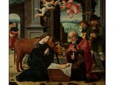 une image représentant une peinture de la Nativité avec des anges et un cheval