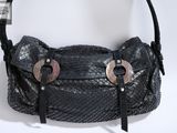 an image of a black purse with two metal rings on it