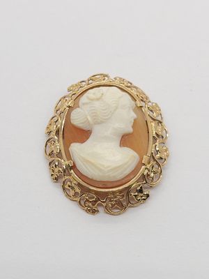 a close up of a broochee of a woman ' s profile in a gold frame