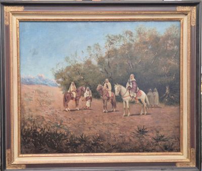 une peinture à l'huile représentant un groupe de personnes à cheval dans un champ