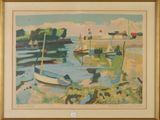 an oil painting of boats on the water near a shore