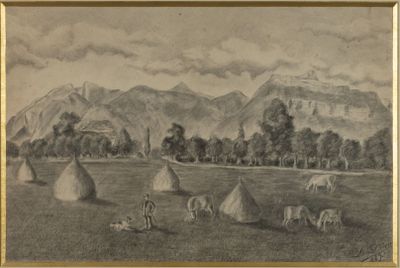 an old drawing of a farm scene with cows and hay