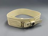 a close up of a white belt with a buckle on it