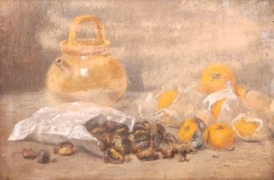 un tableau représentant un assortiment d'aliments posés sur une table
