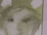painting of a woman ' s face in a white frame with a blue marker