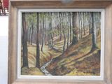 un tableau représentant un ruisseau traversant une forêt