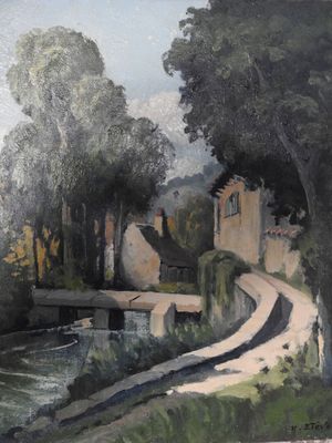 un tableau représentant une route traversant un petit village