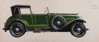 painting of a green car with a black top and a brown roof