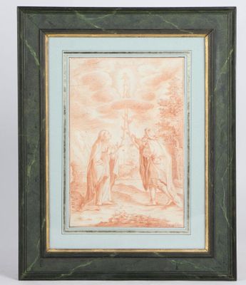 a framed drawing of two men and a woman in a landscape