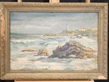 an oil painting of a rocky beach with a lighthouse in the background