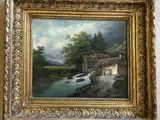 un tableau représentant une scène fluviale avec un pont et une maison