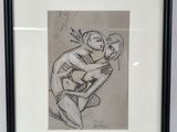 drawing of a woman hugging a man in a black frame