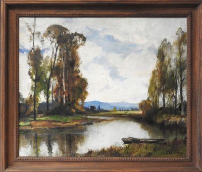 an oil painting of a boat on a river with trees in the background