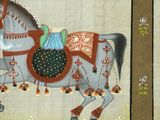 painting of a horse with a saddle and bells on it ' s back