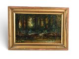 une peinture à l'huile représentant une scène forestière avec une rivière au premier plan