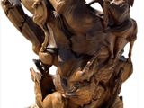 statue of a man on a horse and a dog on a wooden base