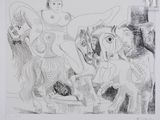 a drawing of a woman riding a horse with a man on it