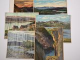 four paintings of a landscape with mountains and a river in the foreground