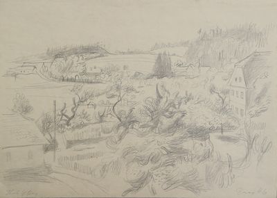 dessin représentant un paysage avec une maison et des arbres au premier plan