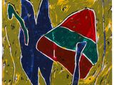 une peinture abstraite représentant un oiseau à la queue rouge, verte et bleue