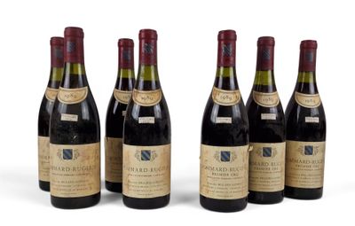 six bouteilles de vin sont alignées sur une surface blanche