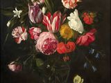 painting of a vase of flowers on a table in a dark room
