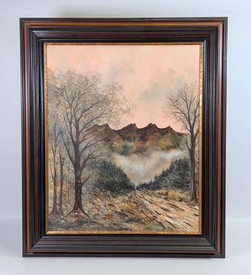 une peinture d'un paysage avec des arbres et des montagnes en arrière-plan