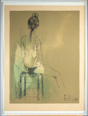 painting of a woman sitting on a chair with her legs crossed