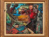 an oil painting of a group of people with luggage on the ground